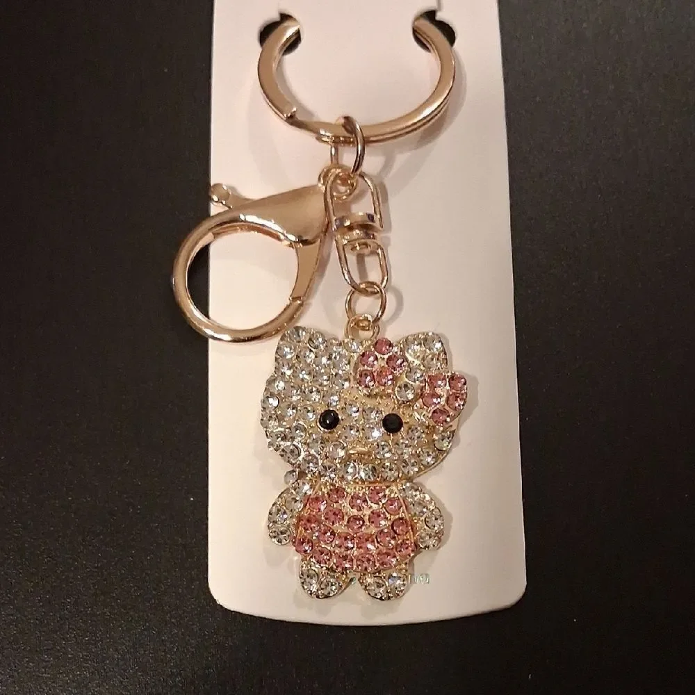 Hello Kitty Pink And White Rhinestone Keychain With Gold Hardware New In Package